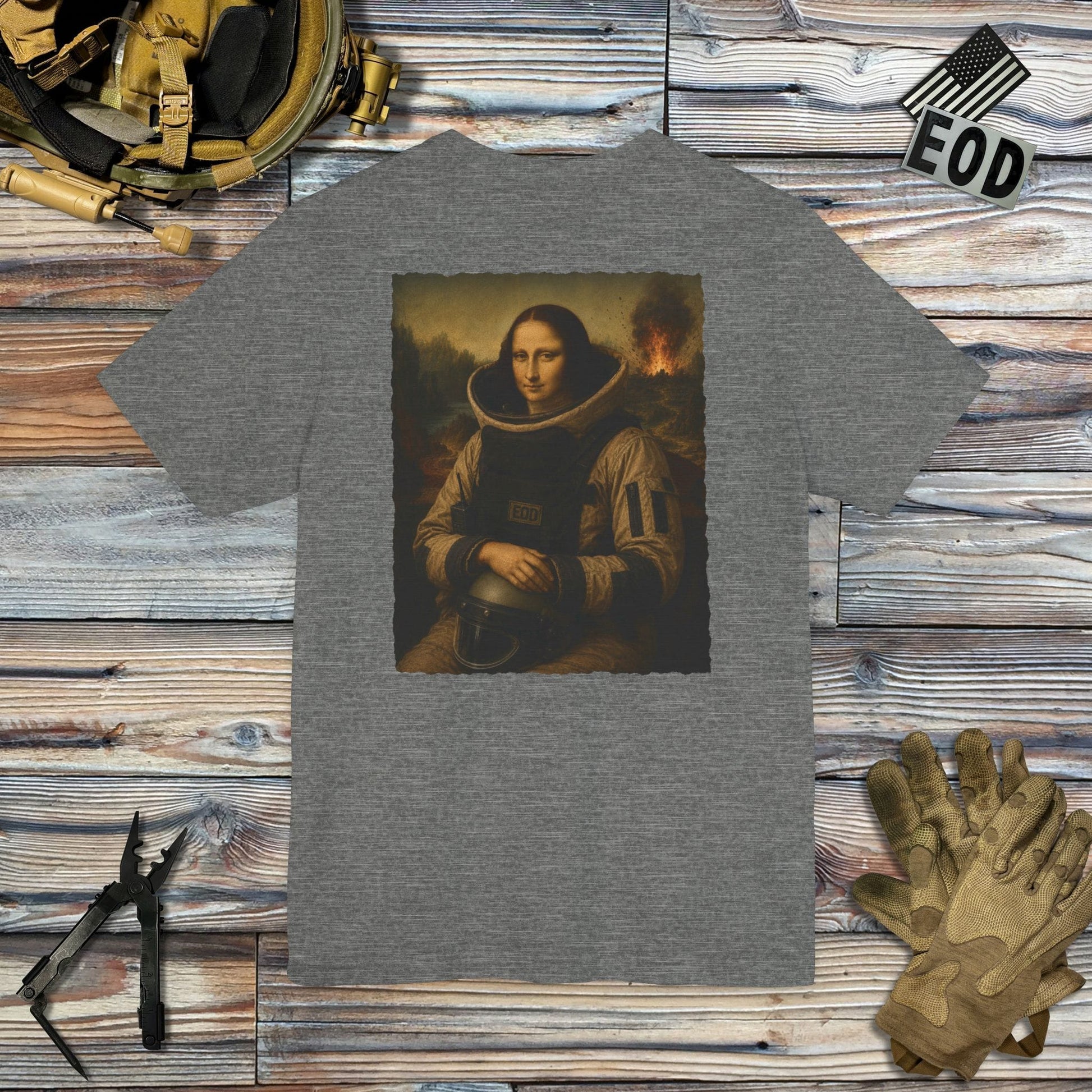 K-Factor Supply Co Mona Lisa Bomb Suit (Back Print) T-Shirt Deep Heather / M