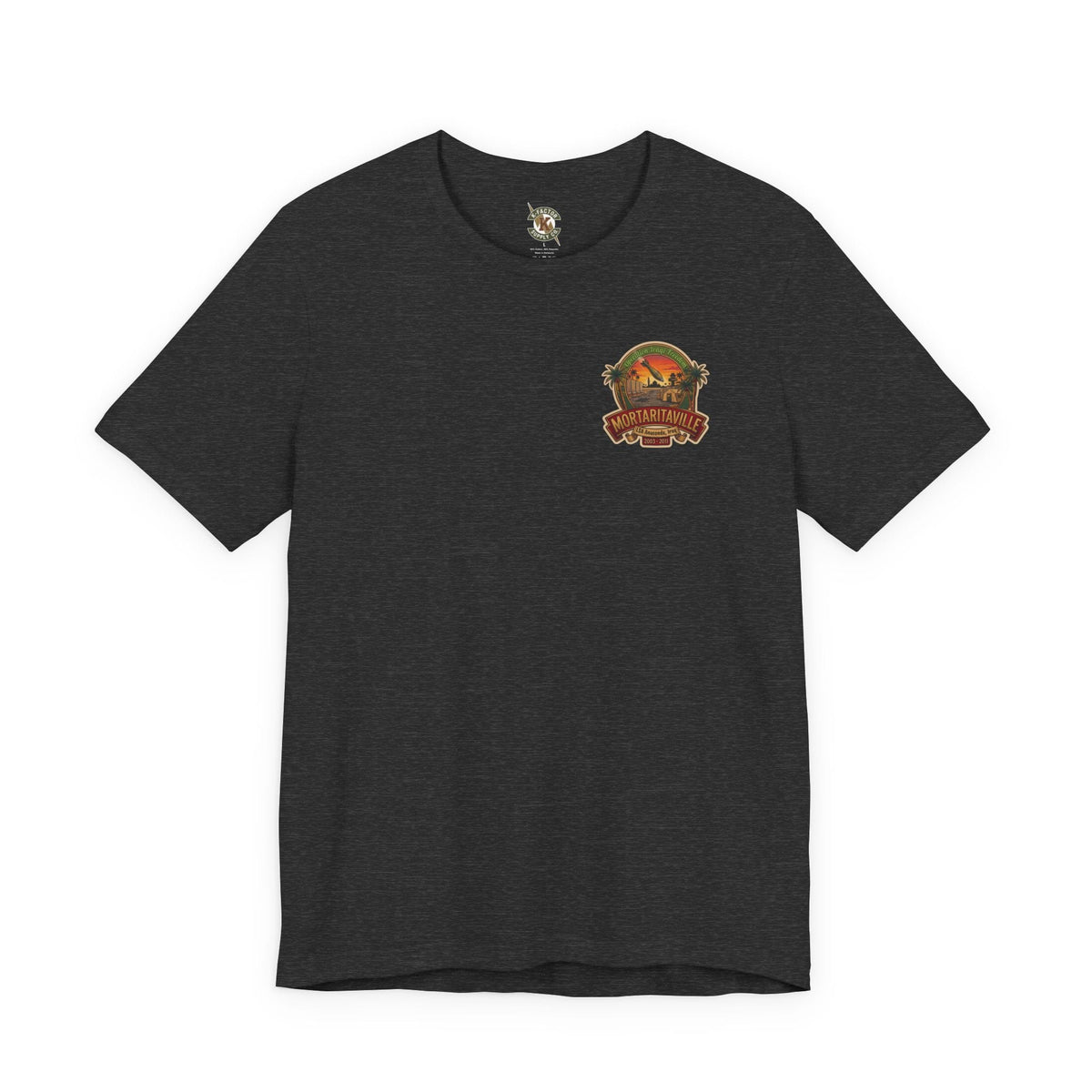 K-Factor Supply Co Mortaritaville Mod 1 [LSAA] (Back Print - Classic Colors) T-Shirt Dark Grey Heather / S