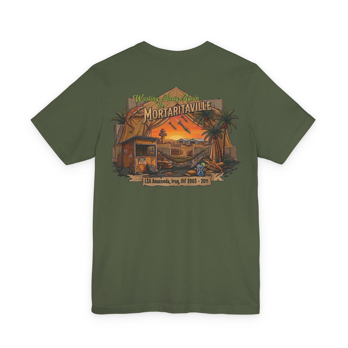 K-Factor Supply Co Mortaritaville Mod 1 [LSAA] (Back Print - Classic Colors) T-Shirt Military Green / S