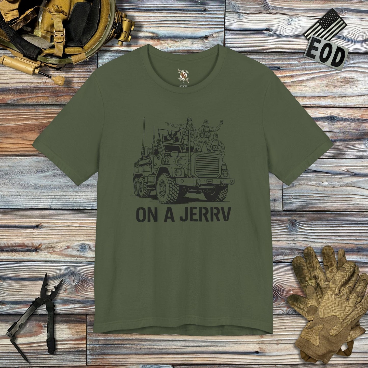 K-Factor Supply Co On a JERRV T-Shirt Military Green / S
