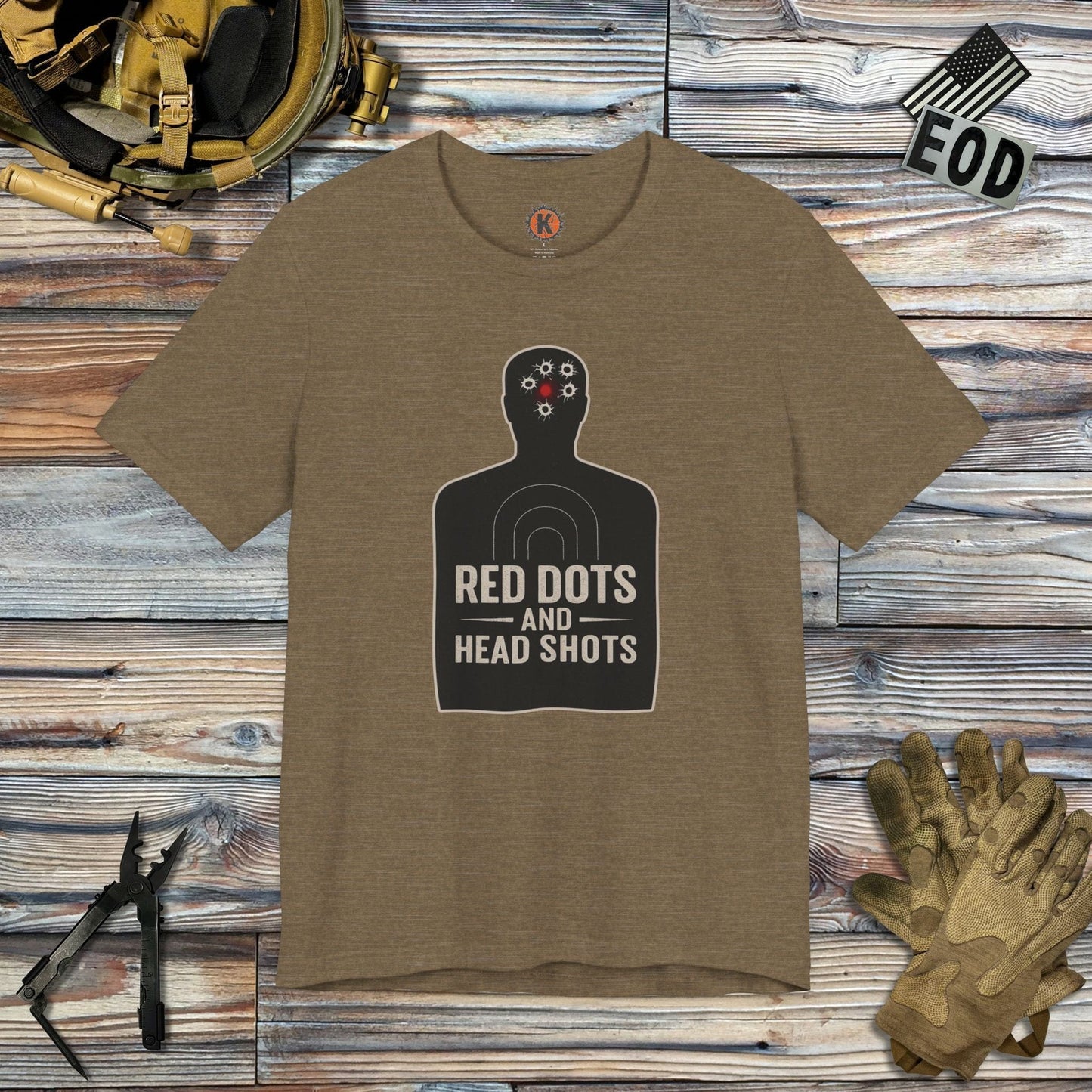K-Factor Supply Co Red Dots and Head Shots T-Shirt Heather Olive / S