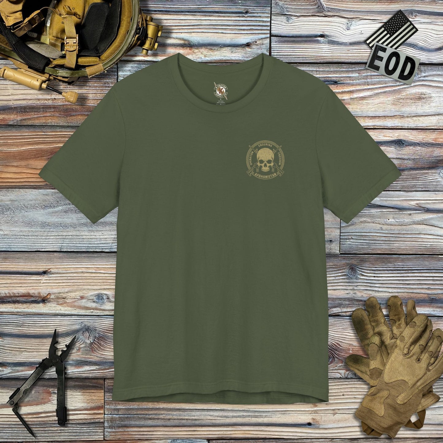 K-Factor Supply Co Skull & Carbines - OEF (Back Print) T-Shirt Military Green / S