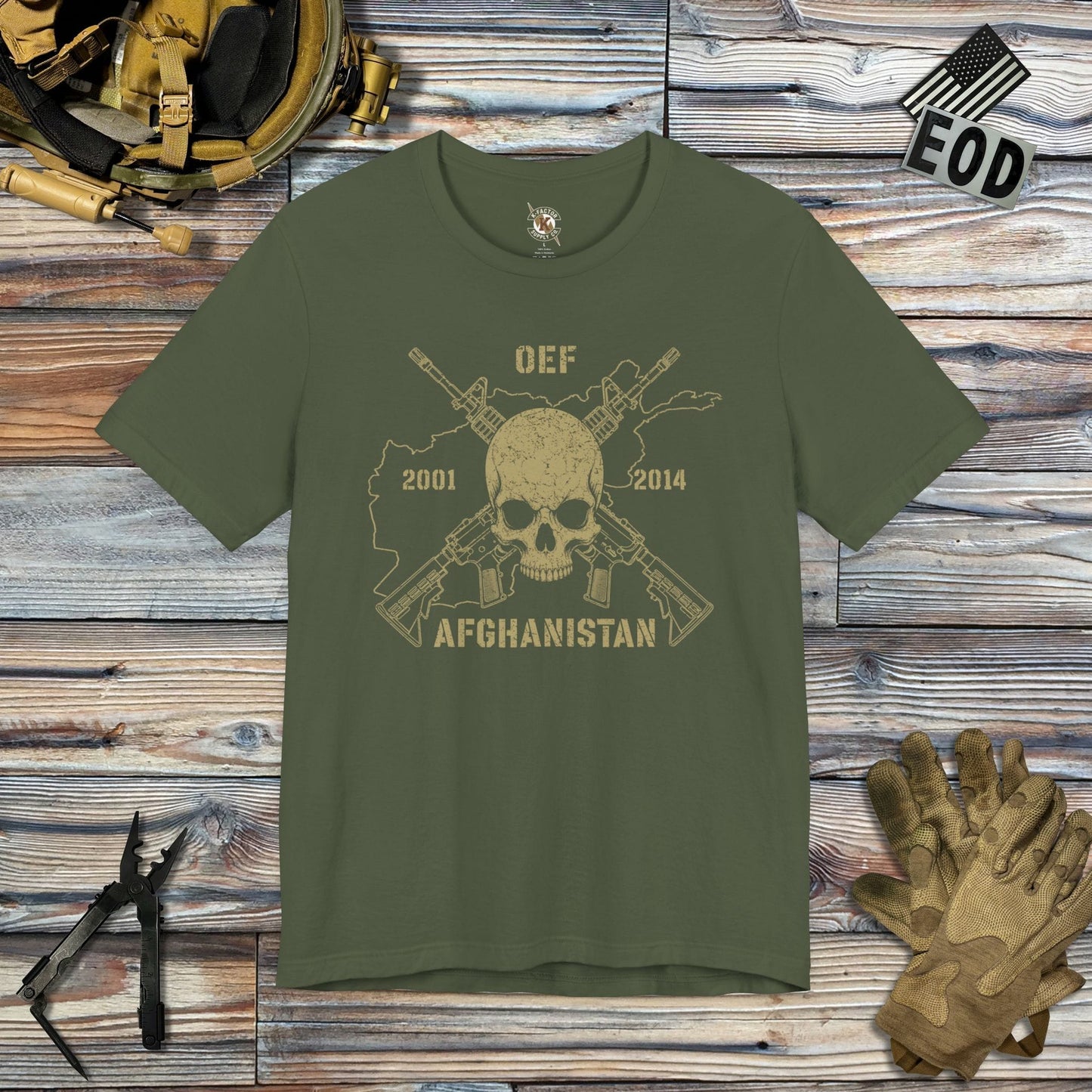 K-Factor Supply Co Skull & Carbines - OEF T-Shirt Military Green / S