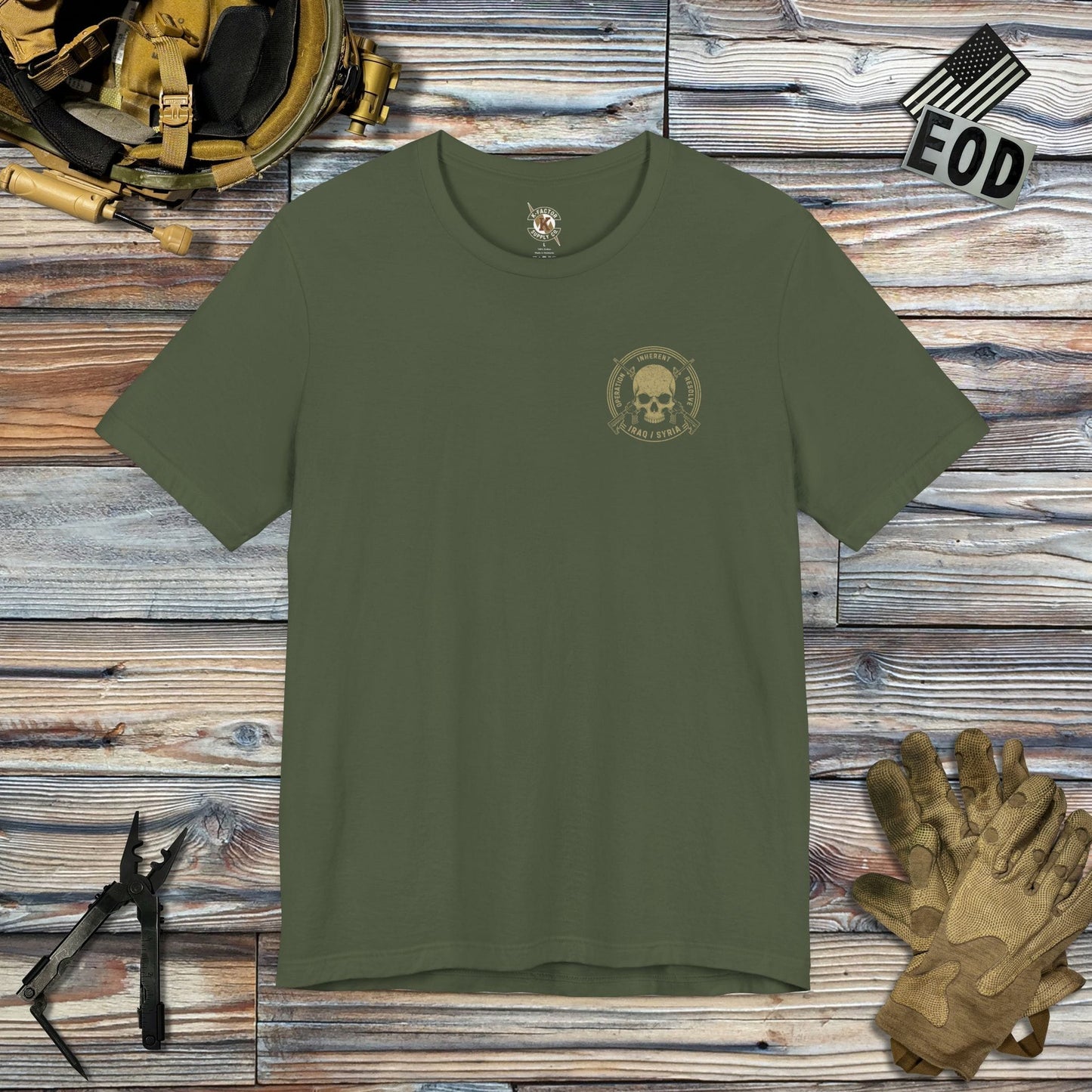 K-Factor Supply Co Skull & Carbines - OIR (Iraq/Syria) [Back Print] T-Shirt Military Green / S