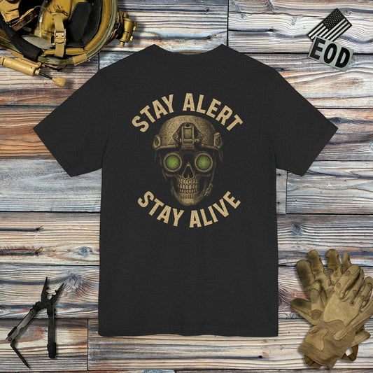 K-Factor Supply Co Stay Alert Stay Alive (Back Print) T-Shirt Solid Black Blend / S