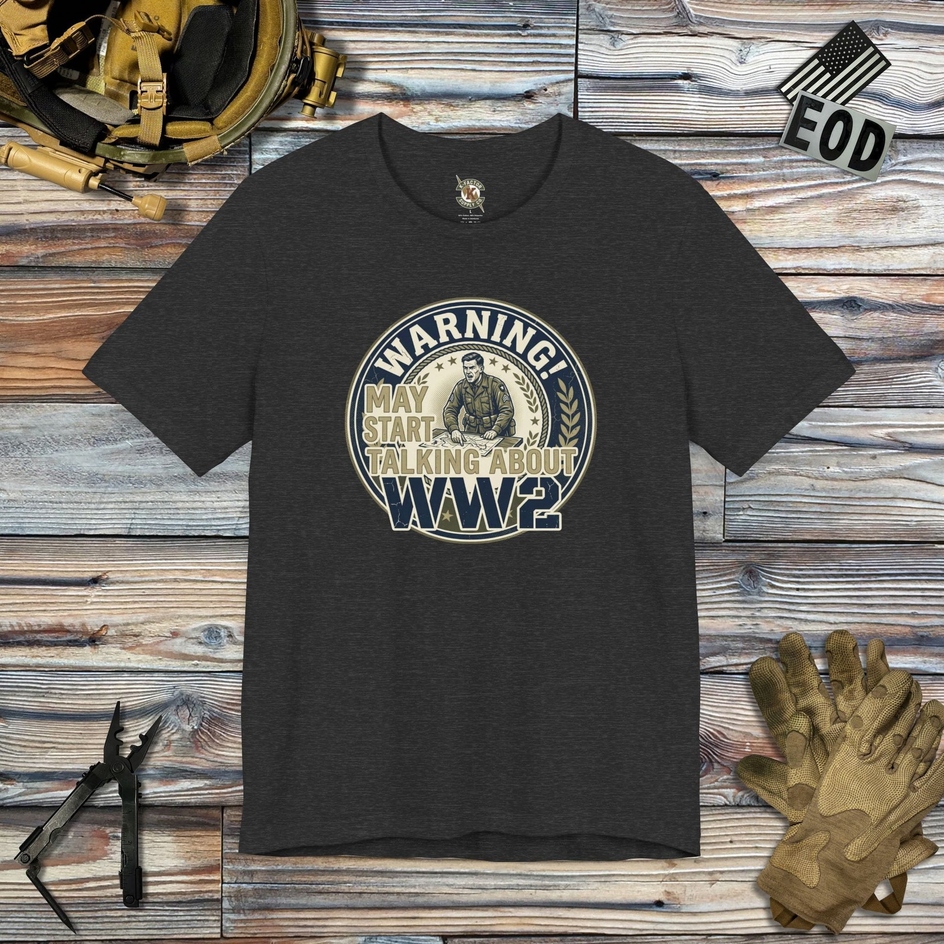 K-Factor Supply Co Warning - WW2 Buff Mk 1 T-Shirt Dark Grey Heather / S
