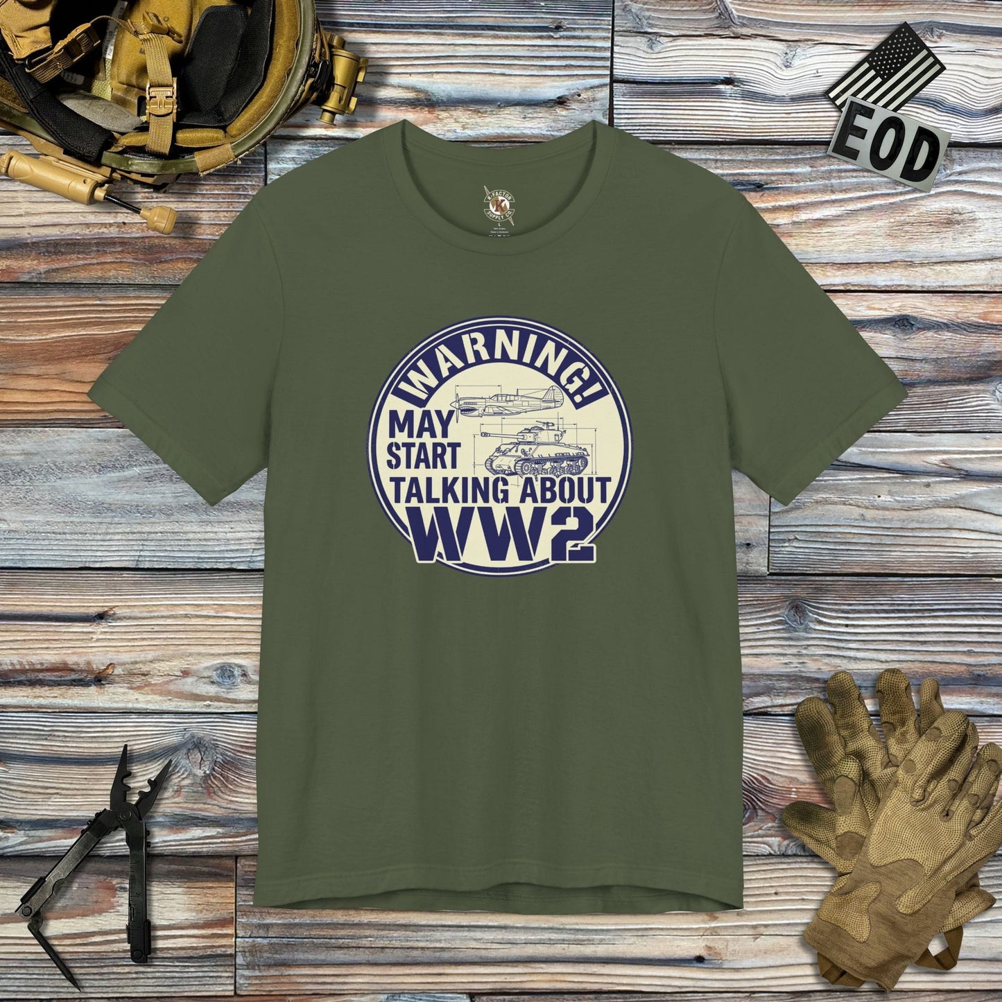K-Factor Supply Co Warning - WW2 Buff Mk2 T-Shirt Military Green / S