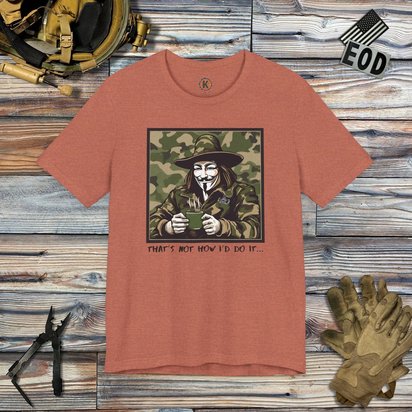 K-Factor Supply Co What the Fawkes Says (Camo) T-Shirt Heather Clay / S