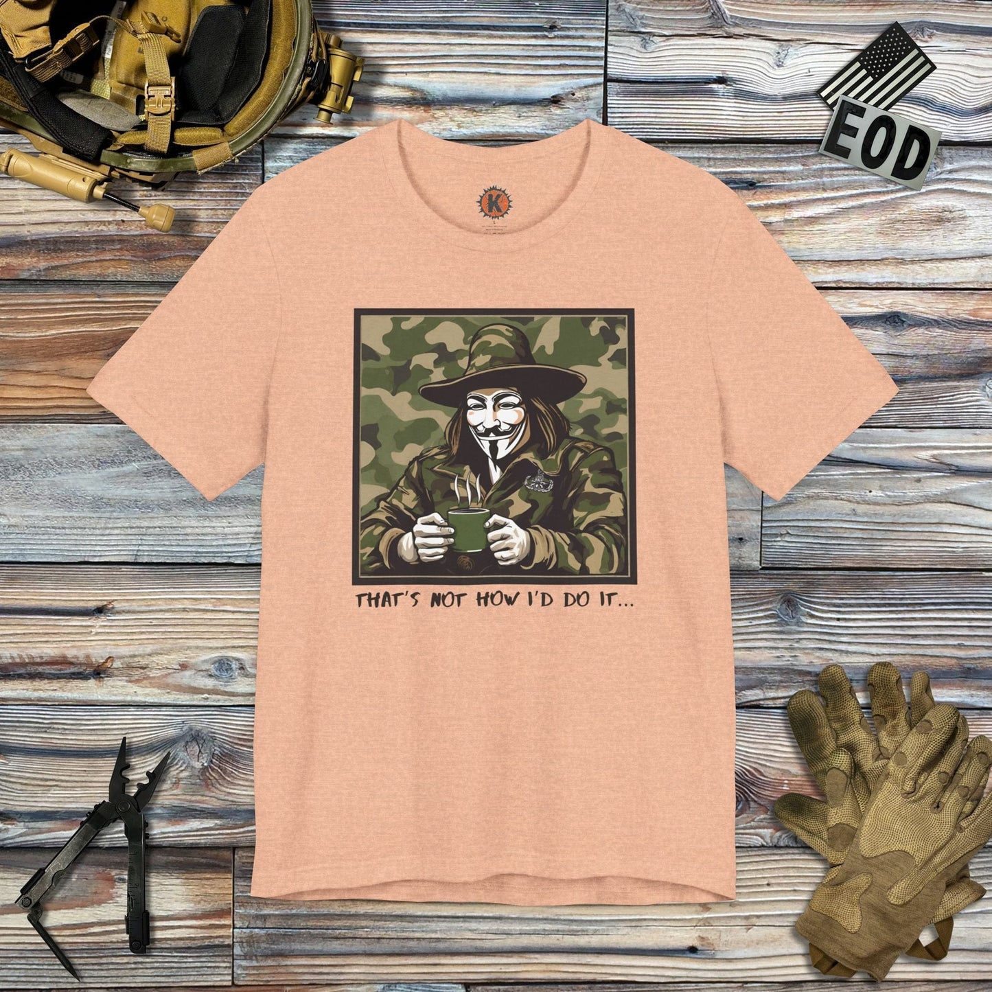 K-Factor Supply Co What the Fawkes Says (Camo) T-Shirt Heather Peach / S